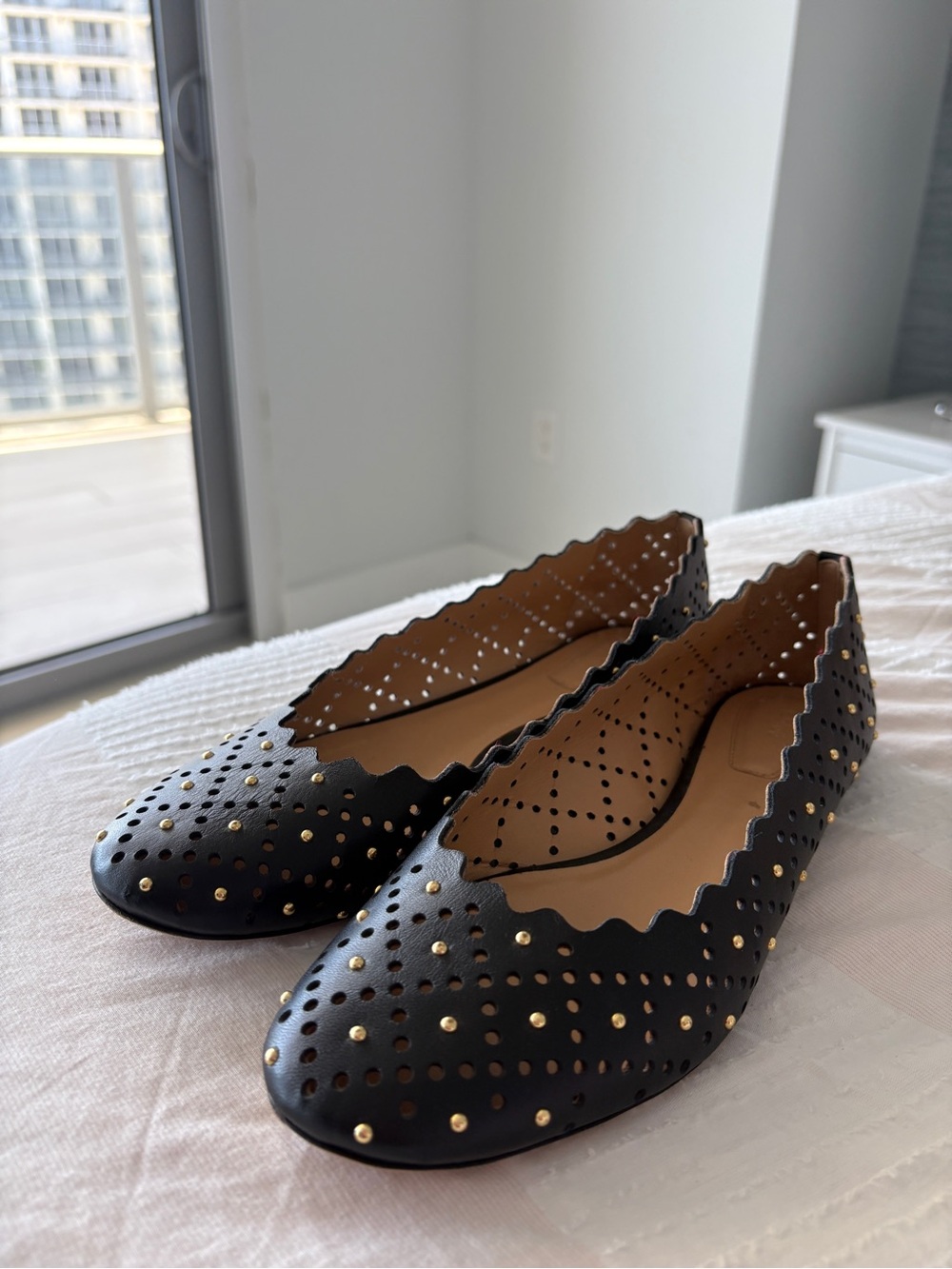 Chloé Black Scalloped Ballet Flats with Gold Studs